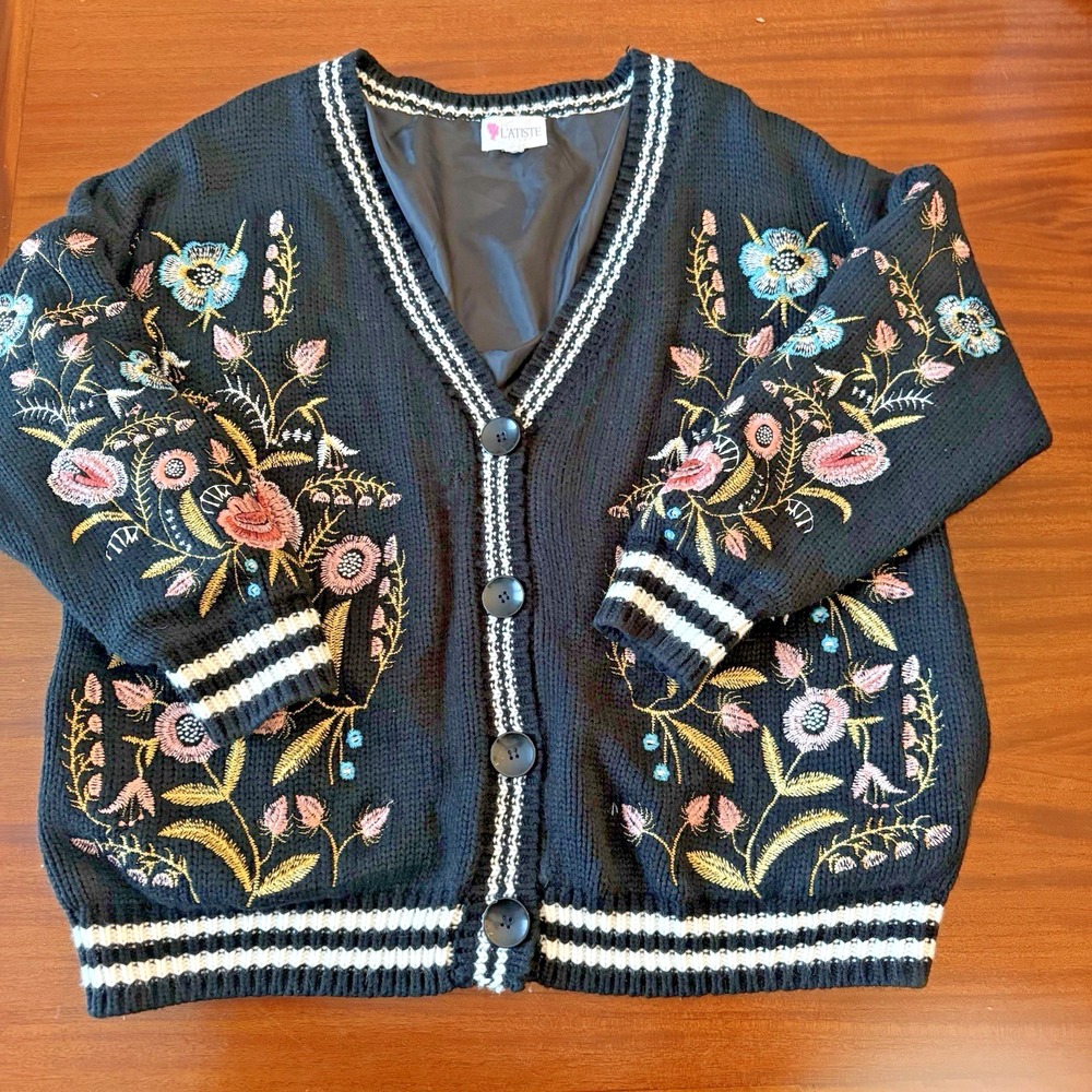 L'Atiste‎ Embroidered Knit Cardigan Jacket Women's S Oversized Floral Boho - Picture 7 of 14